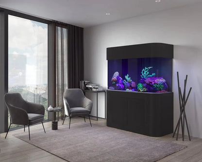 Modern living room with a large aquarium and gray chairs.