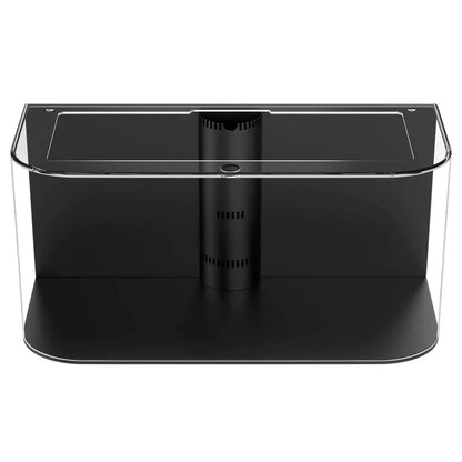 Black aquarium stand with clear front panel on a white background