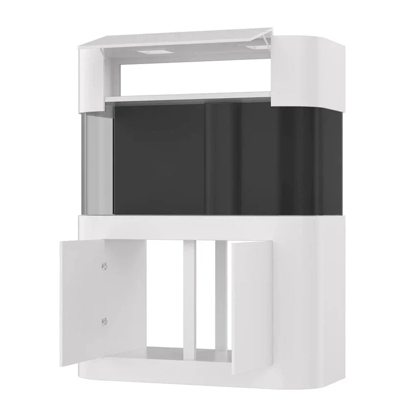 White corner TV stand with black screen on a white background