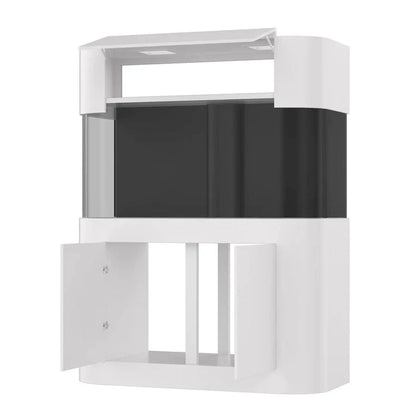 White corner TV stand with black screen on a white background