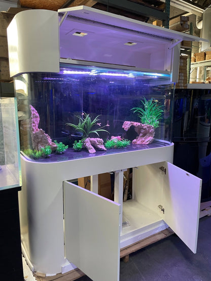 Fish tank with LED lighting and decorative elements on a stand.