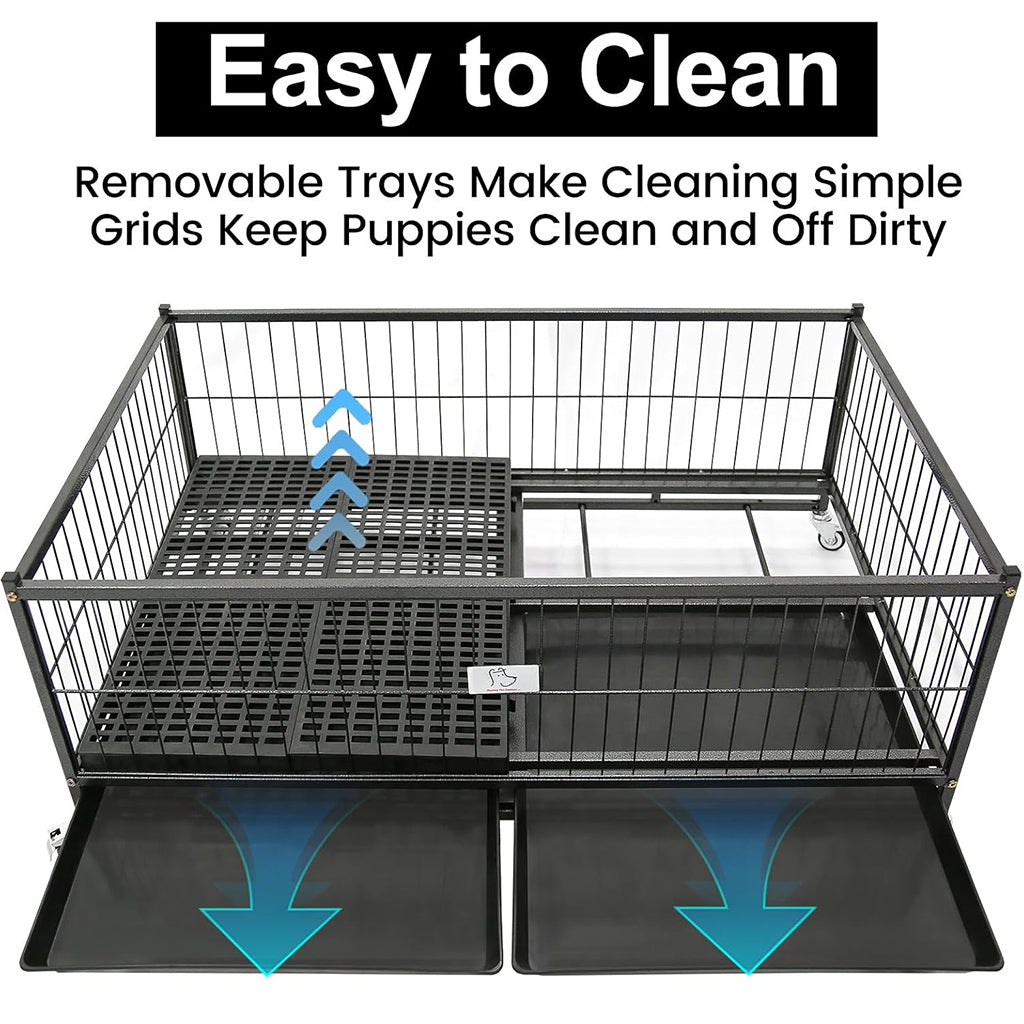 Pet cage with removable trays and cleaning instructions on a white background