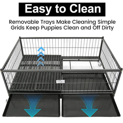 Pet cage with removable trays and cleaning instructions on a white background