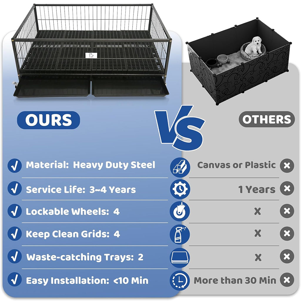 Comparison chart of heavy-duty steel pet crate vs. others on a blue and gray background.