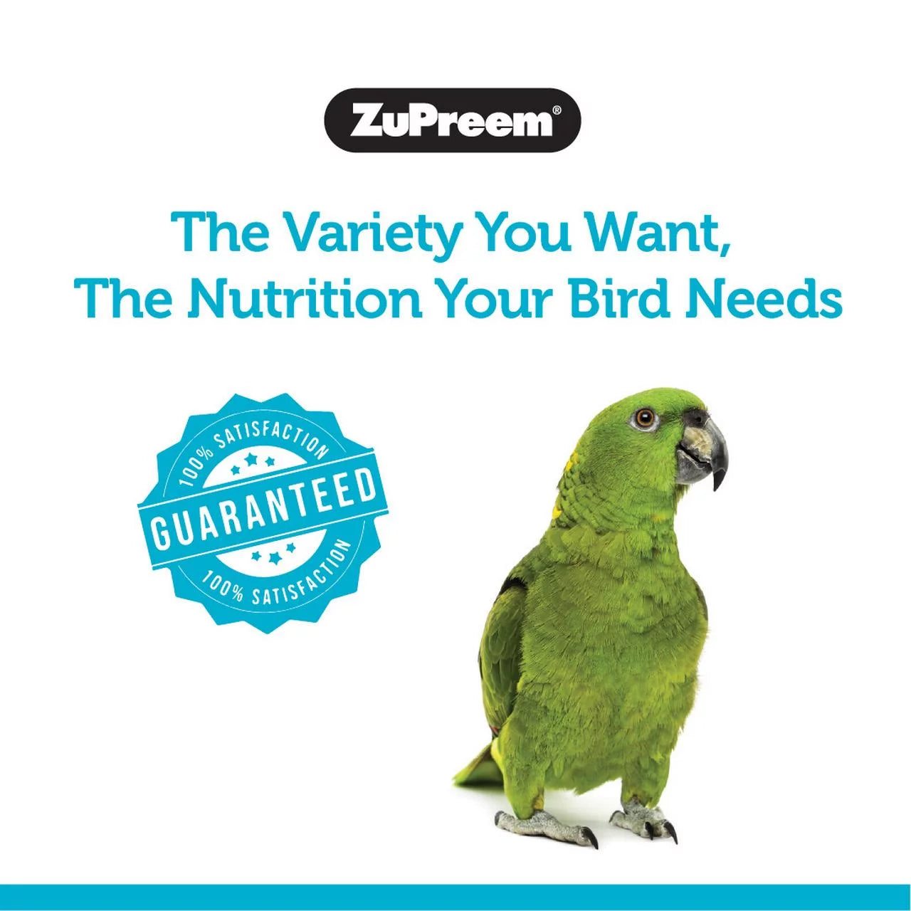 ZuPreem bird food advertisement with a green parrot on a white background