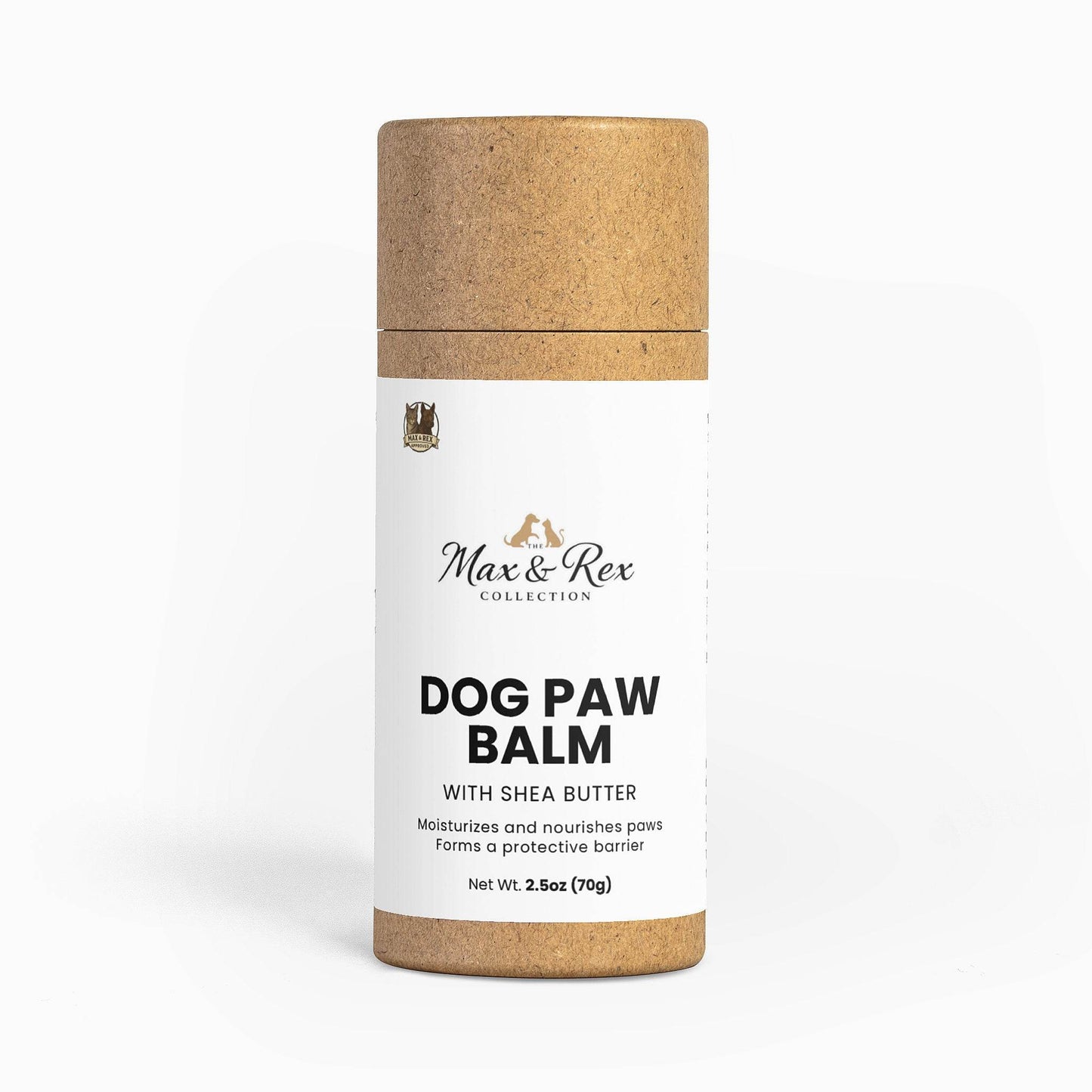 Dog paw balm container with wooden cap on a white background