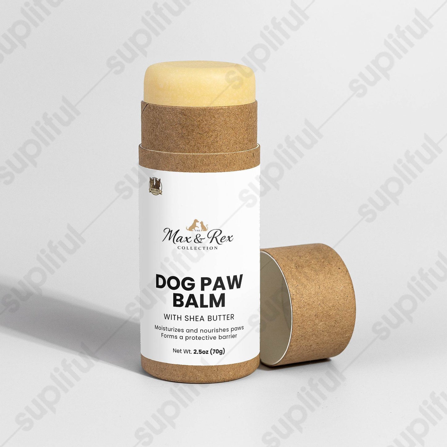 Dog paw balm container with cork lid on a light gray background