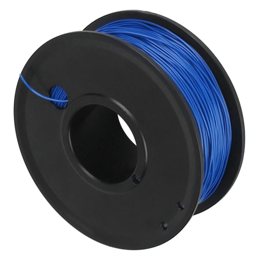 Spool of blue thread on a black spool against a white background