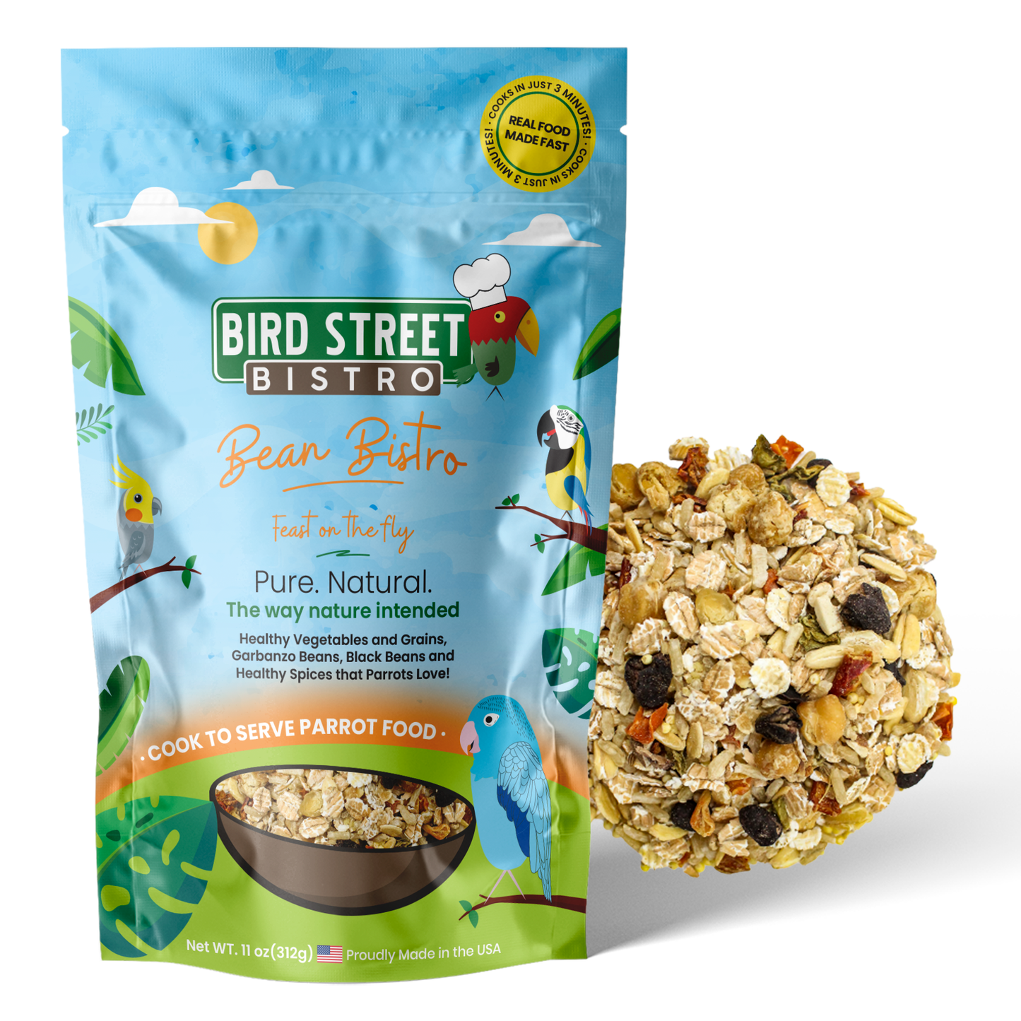 Bird Street Bistro pet food package with a sample of the product on a white background