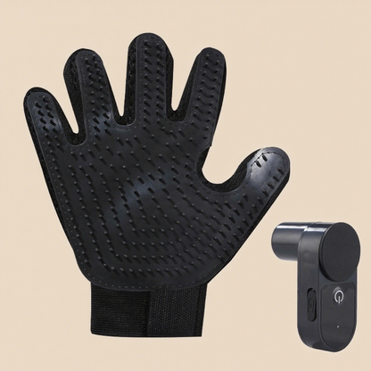 Black grooming glove with a small black device on a beige background