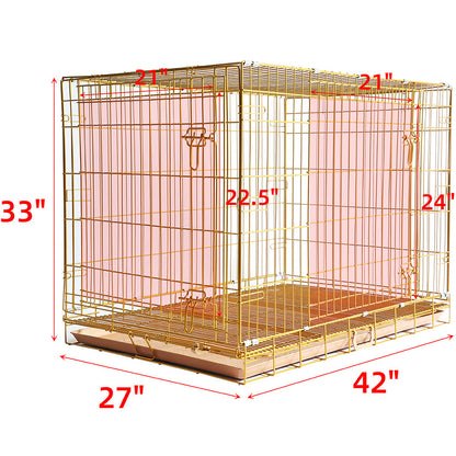 Dog crate with dimensions marked on a white background