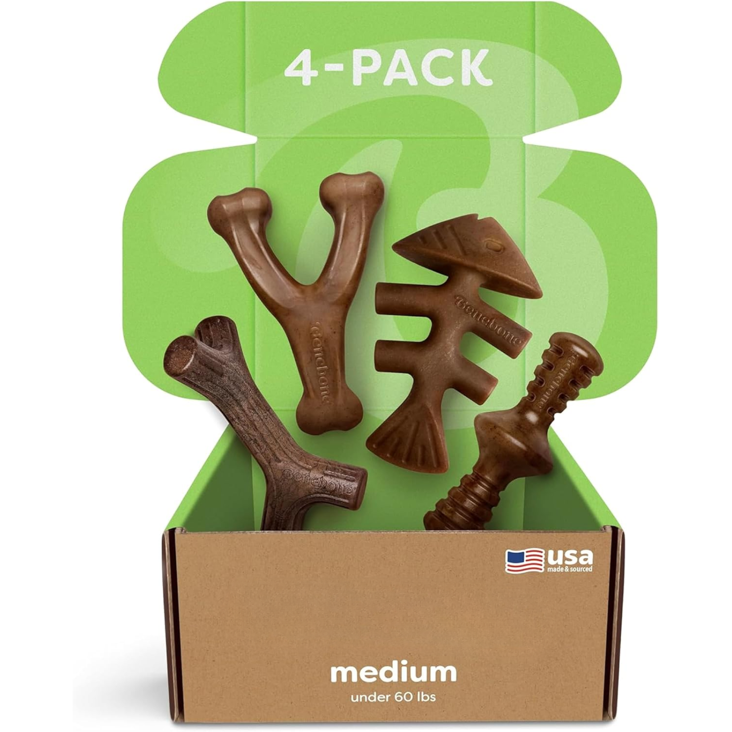 4-Pack Dog Chew Toys for Aggressive Chewers, Made in USA, 60lbs and Under