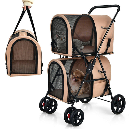 Pet stroller with a beige exterior and black wheels, containing a cat and a dog.