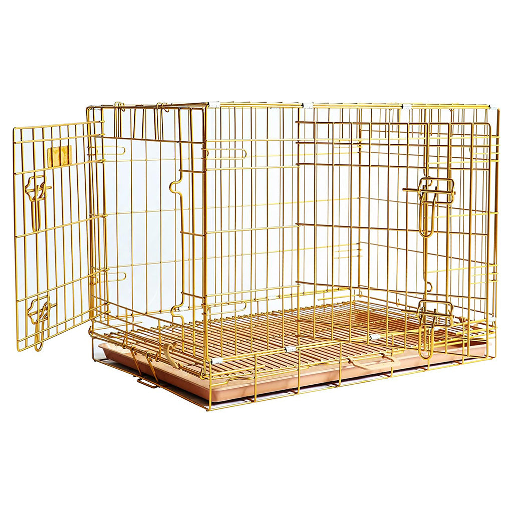 Gold wire pet crate on a white background