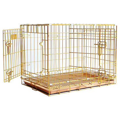 Gold wire pet crate on a white background
