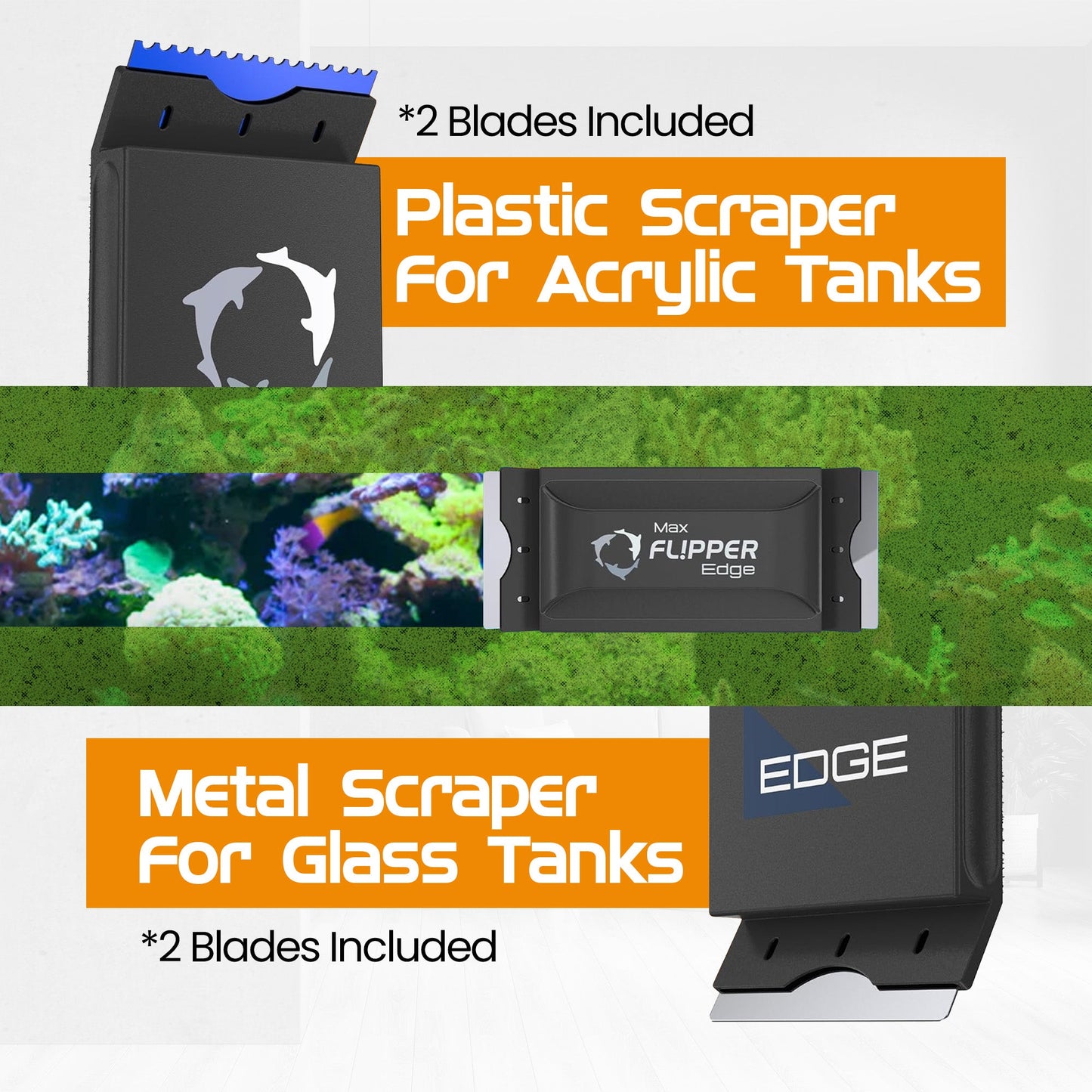 Plastic and metal scrapers for aquarium tanks with text indicating blade inclusion.