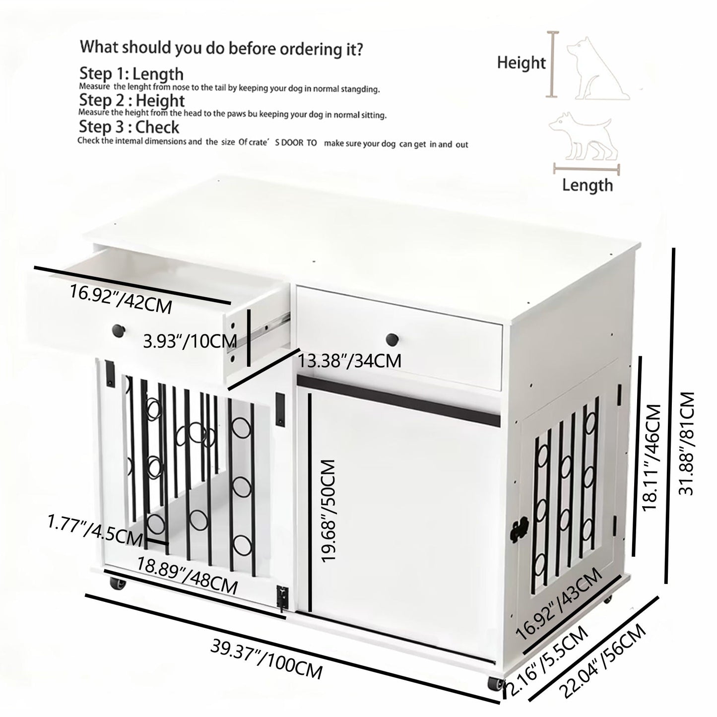 Measurement chart for a dog crate with dimensions labeled