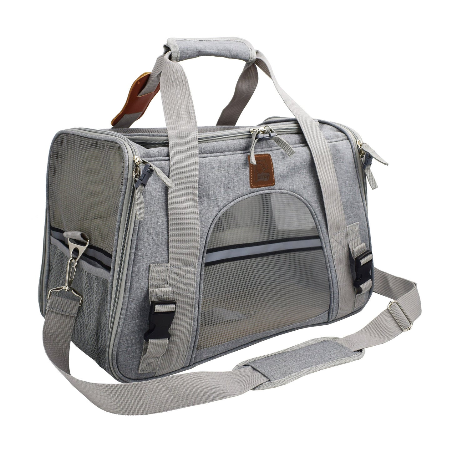 Gray pet carrier with mesh side on a white background