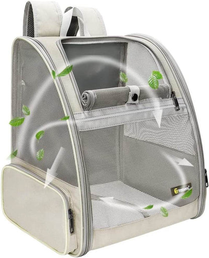 Pet carrier backpack with mesh sides and visible brand logo on a white background