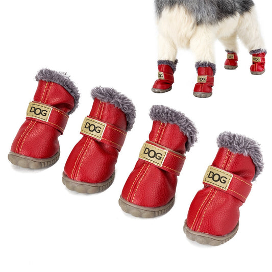 Red dog boots with gray fur trim and 'DOG' label on a white background