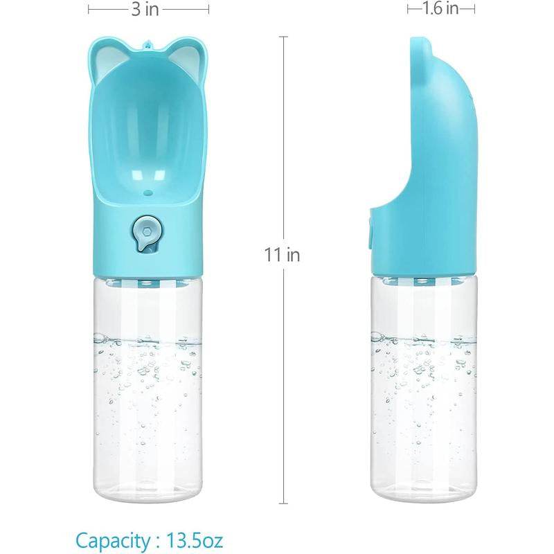 Blue pet water bottle with measurements on a white background