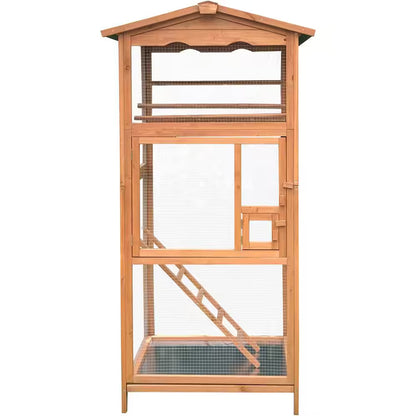 Wooden bird cage with a roof on a white background