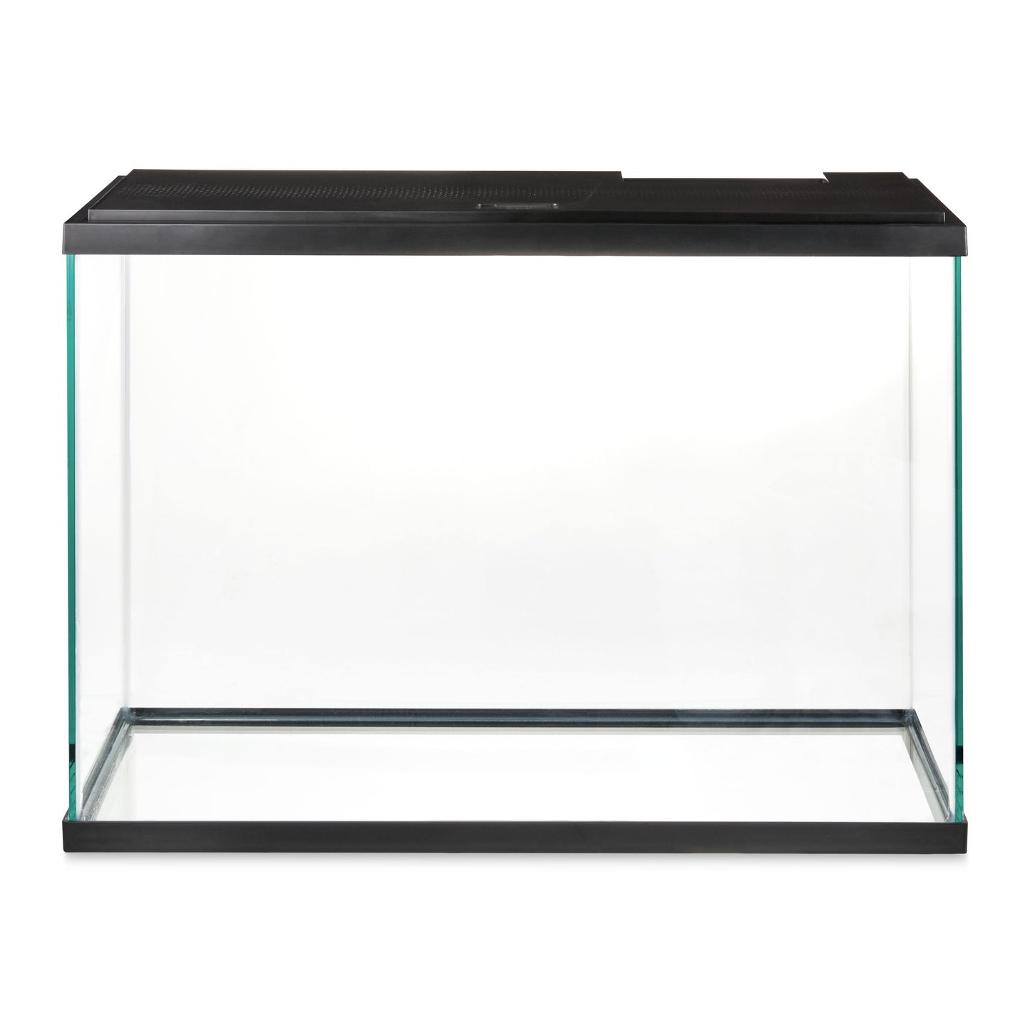 Glass aquarium with black frame and top on a white background