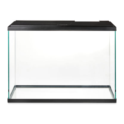 Glass aquarium with black frame and top on a white background