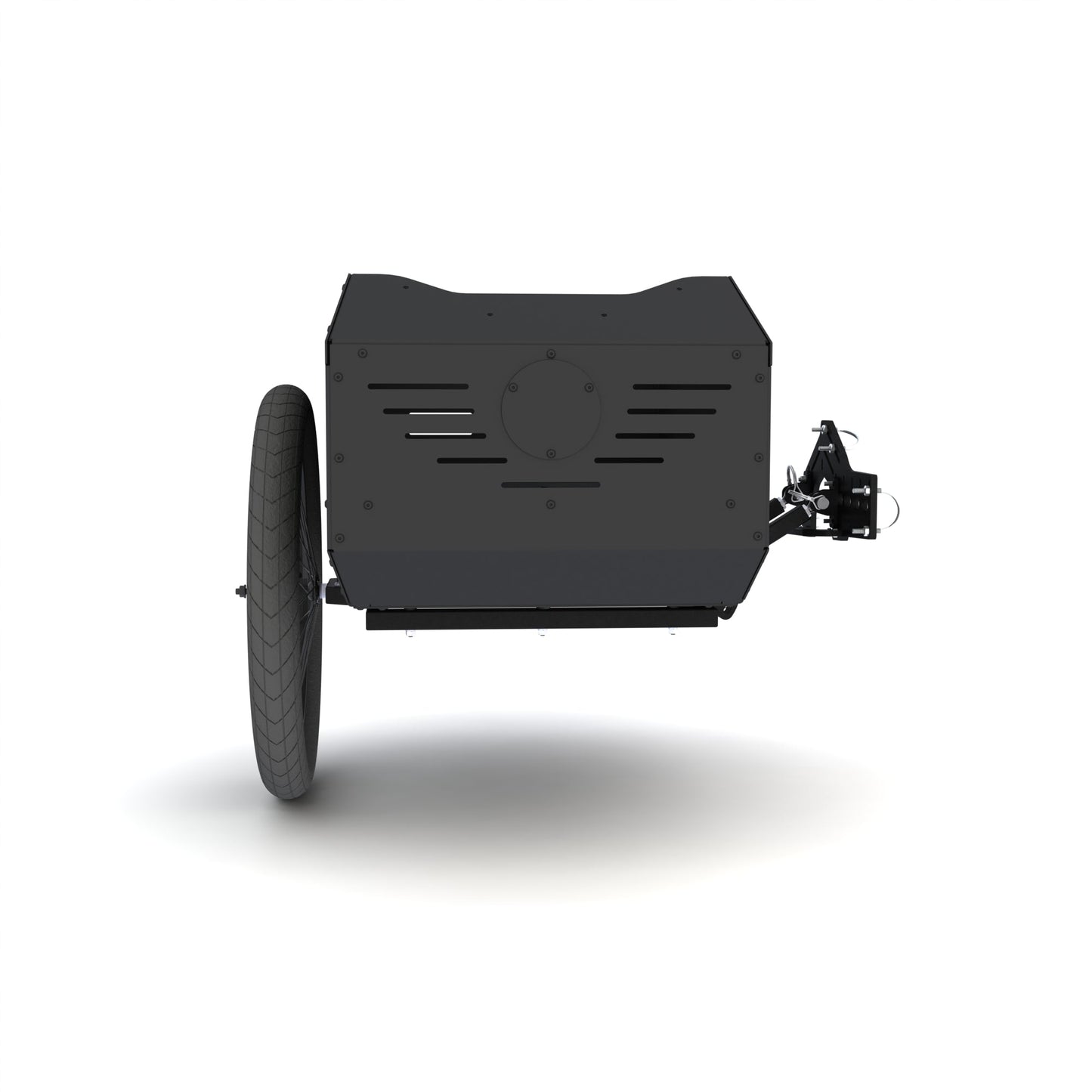 Black metal box with a wheel on a white background