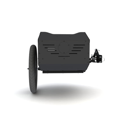 Black metal box with a wheel on a white background