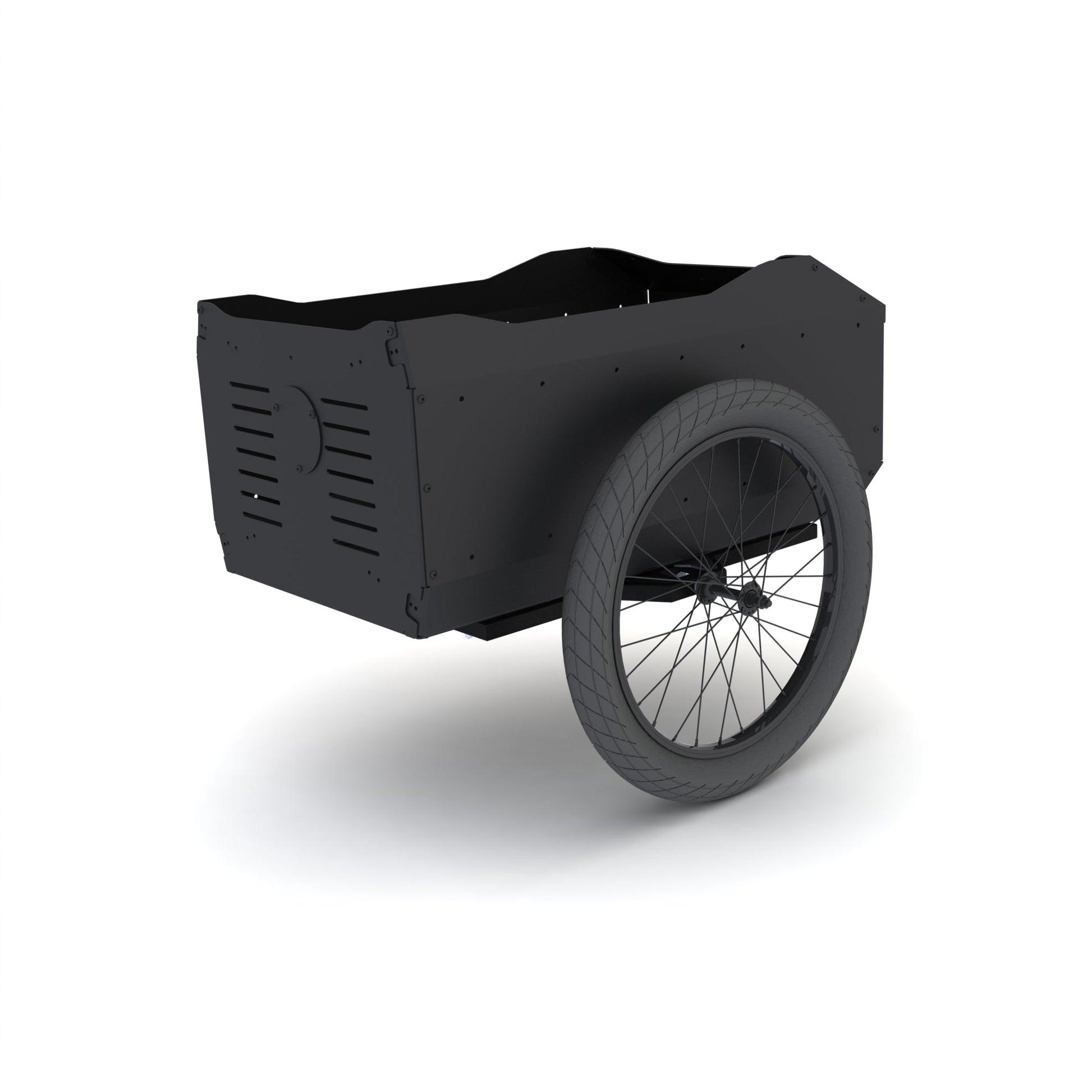 Black metal cart with a large wheel on a white background