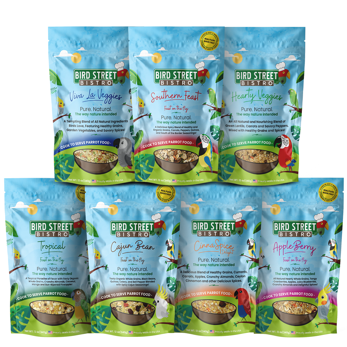 Assorted packages of Bird Street Bistro pet food on a white background