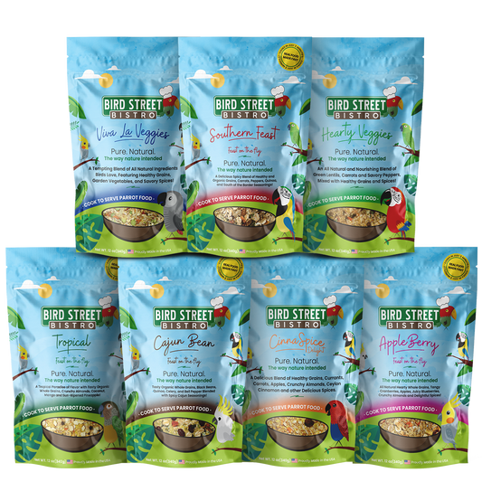 Assorted packages of Bird Street Bistro pet food on a white background