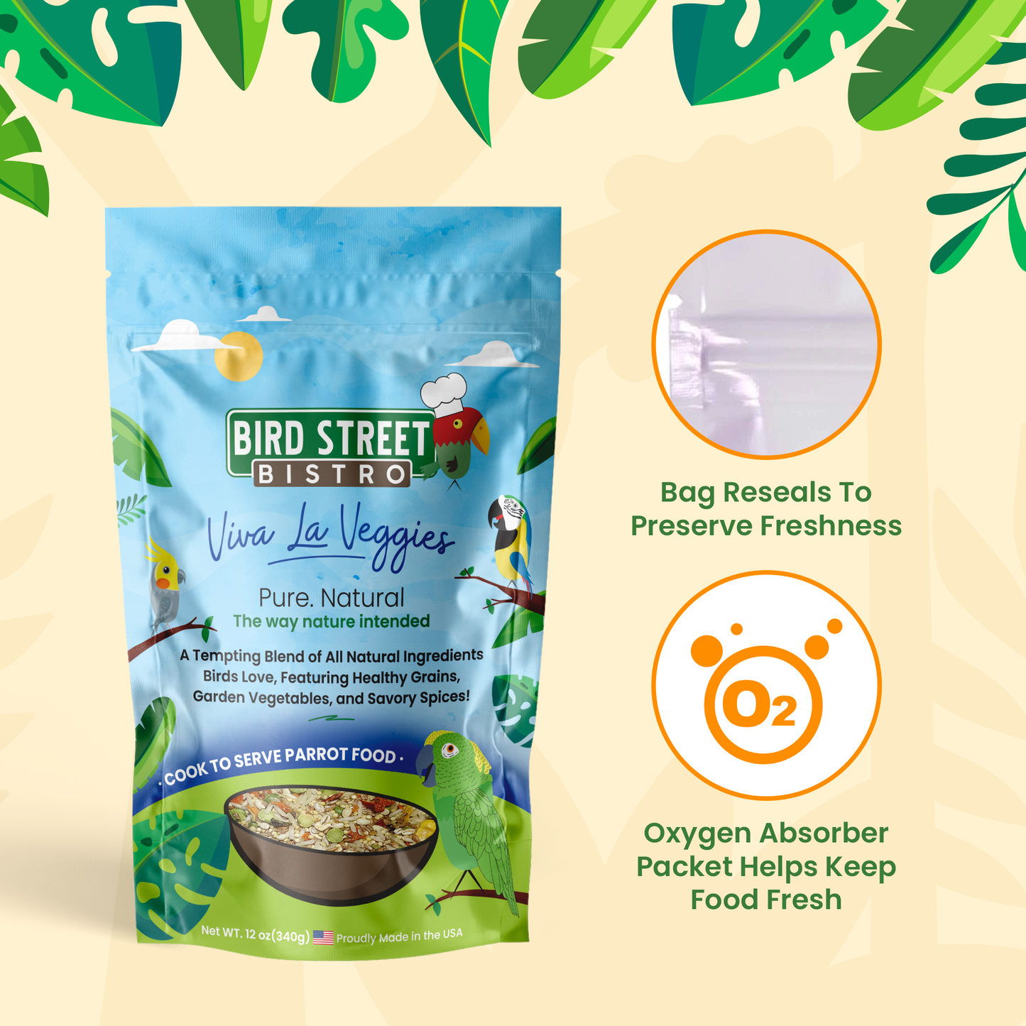 Bird Street Bistro parrot food package with green leaves on a beige background