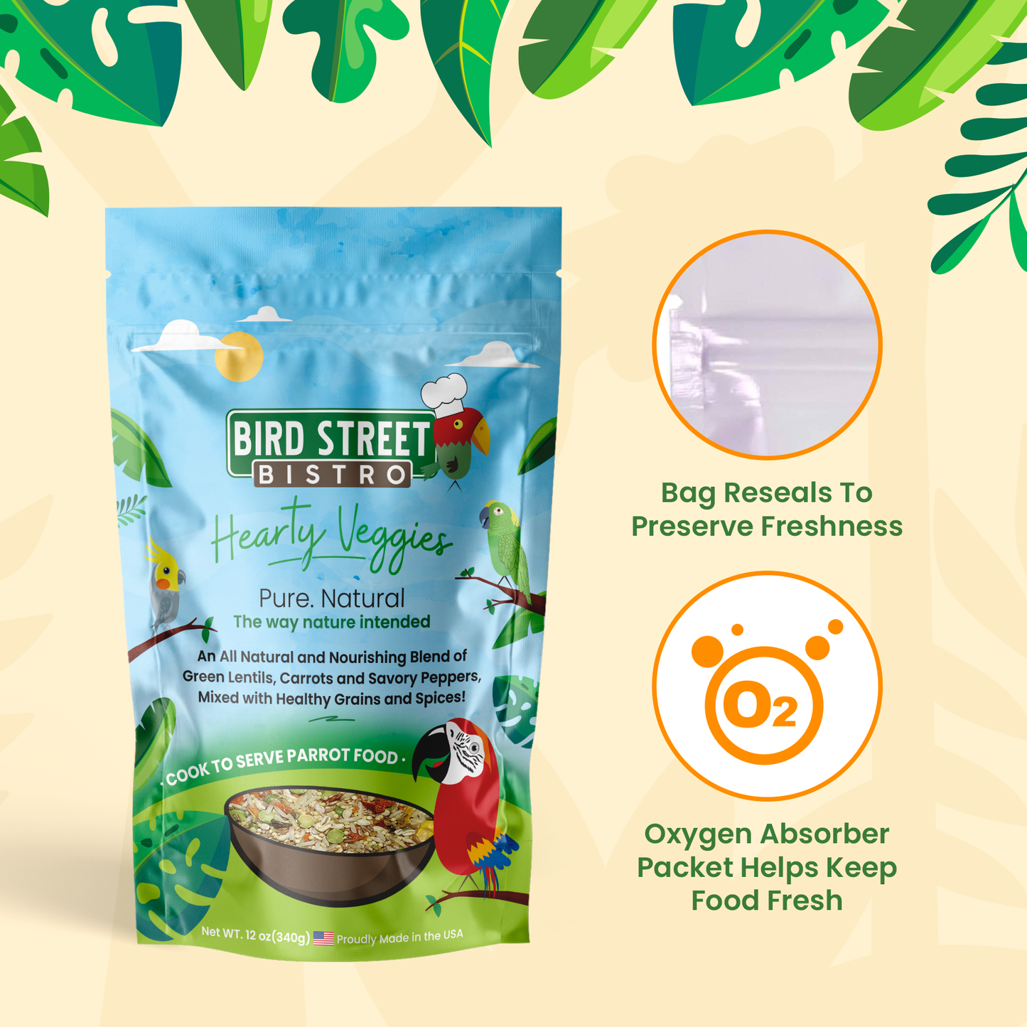 Bird Street Bistro parrot food package with green leaves on a beige background