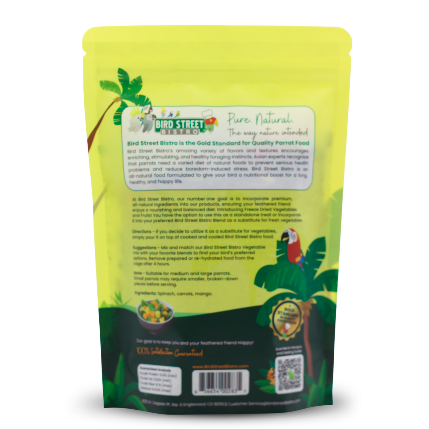 Bird Street Bistro pet food packaging with green and yellow design on a white background