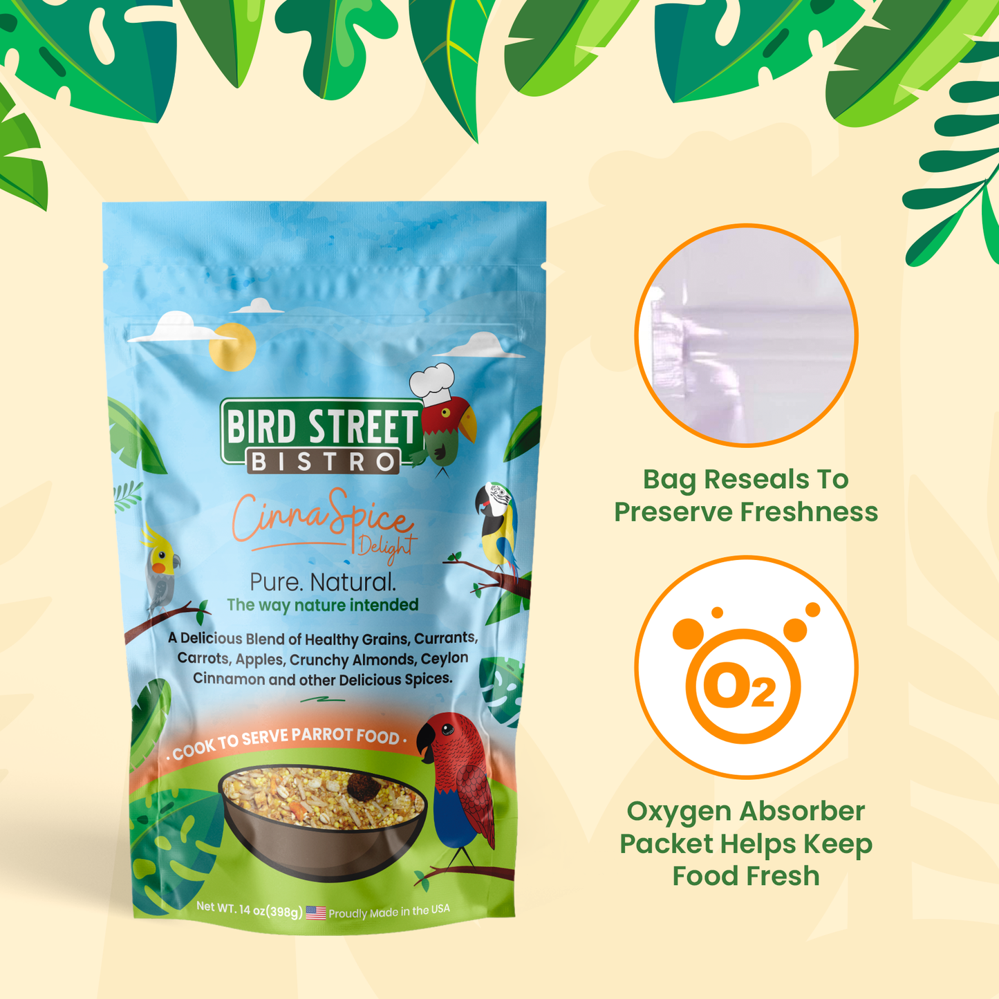 Bird Street Bistro parrot food package with oxygen absorber on a beige background
