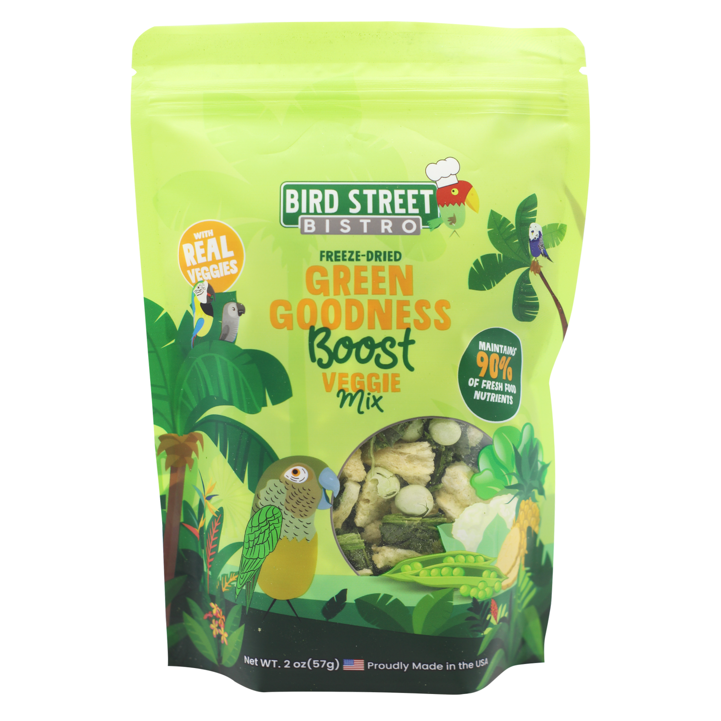 Green package of Bird Street Bistro Freeze-Dried Green Goodness Boost Veggie Mix on a white background