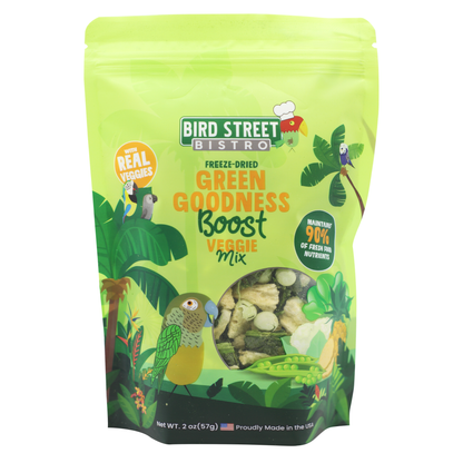 Green package of Bird Street Bistro Freeze-Dried Green Goodness Boost Veggie Mix on a white background