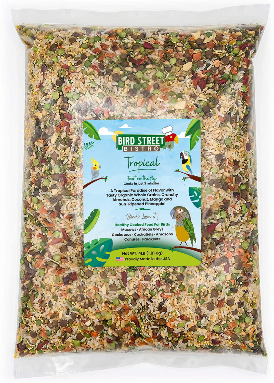 Bag of Bird Street Tropical bird food with a colorful label on a white background