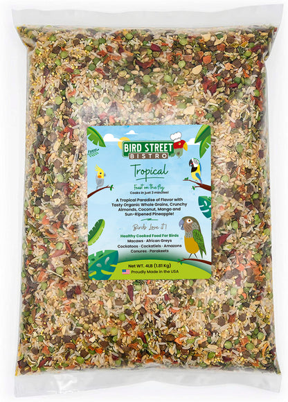 Bag of Bird Street Tropical bird food with a colorful label on a white background