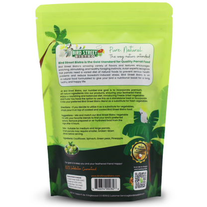 Bird Street Bites pet food packaging with green and black design on a white background