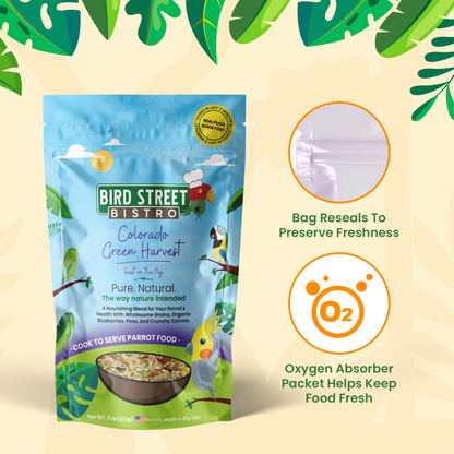 Bird Street Bistro Colorado Green Harvest parrot food package with green leaves border