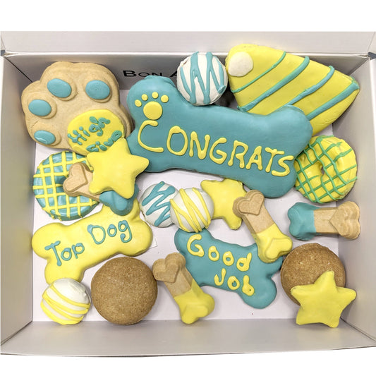 Box of dog-themed cookies with motivational phrases in blue and yellow
