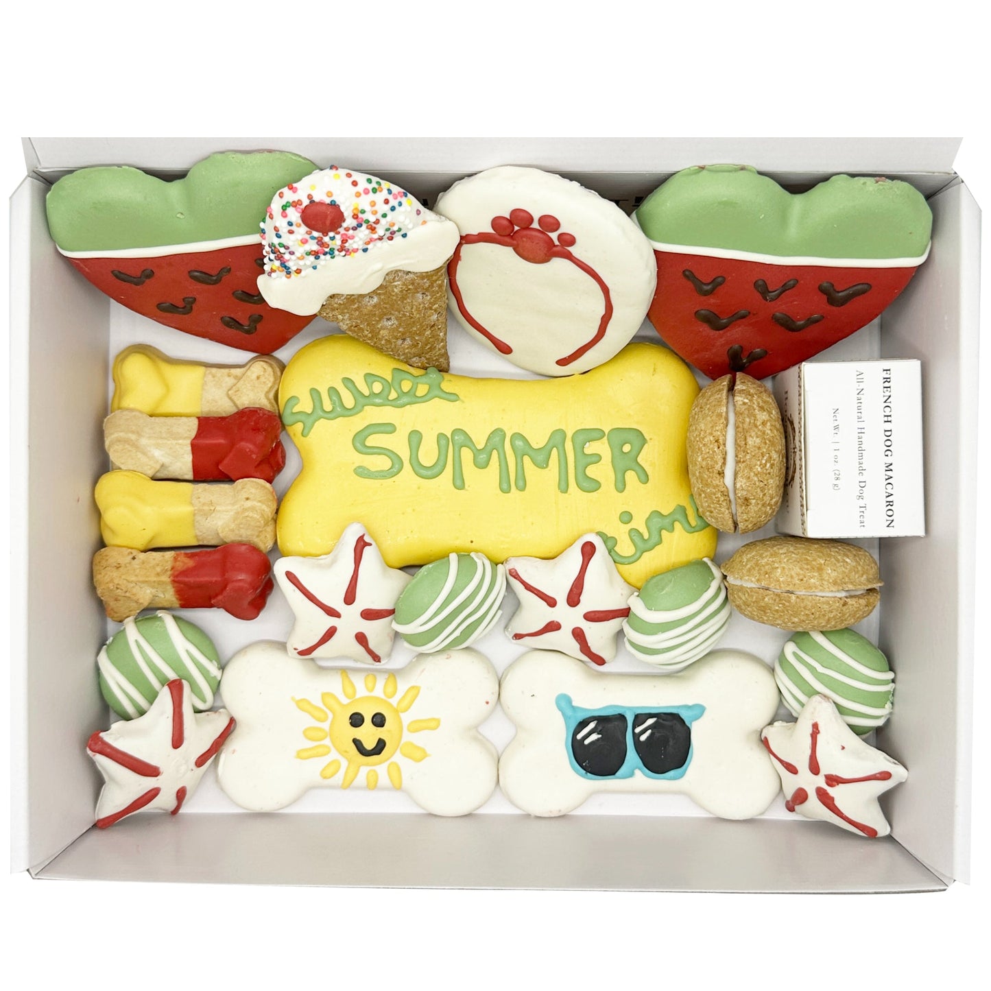 Box of assorted cookies with summer-themed designs including a 'Sweet Summer' sign.