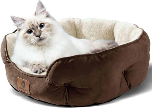 Cat lying in a brown pet bed with a white interior
