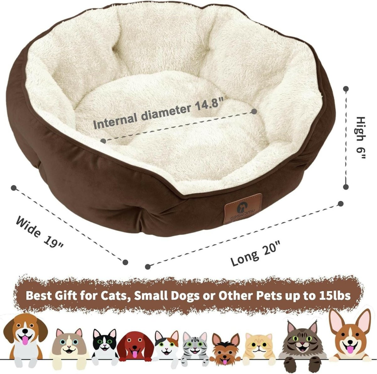 Brown and beige pet bed with dimensions and text on a white background