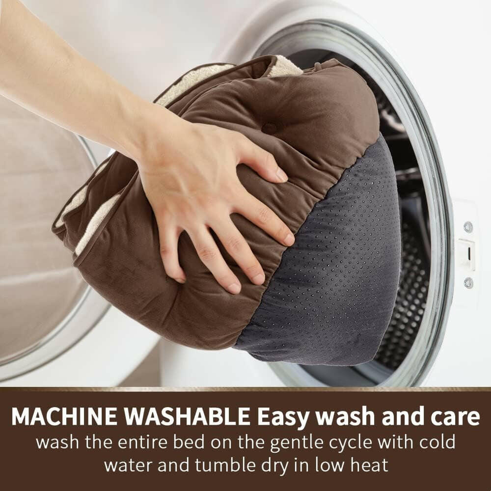 Hand placing a folded bed into a washing machine with text about machine washability.