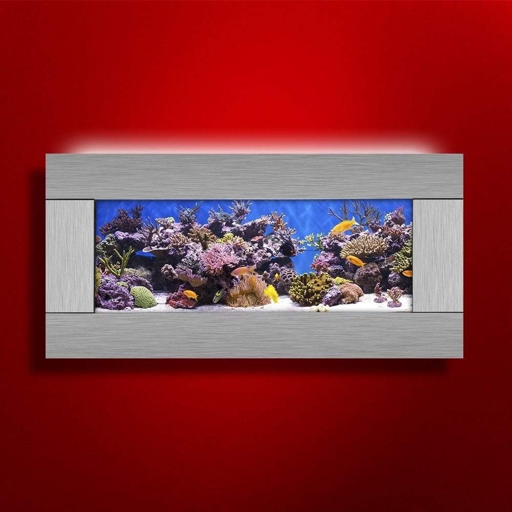 Aquarium with colorful coral and fish on a red wall