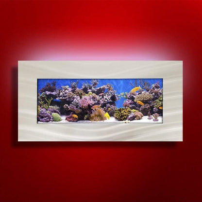 Framed aquarium display with colorful coral and fish on a red wall